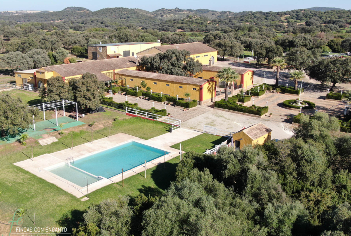 Foto aérea donde se visualiza tanto la casa principal como la piscina